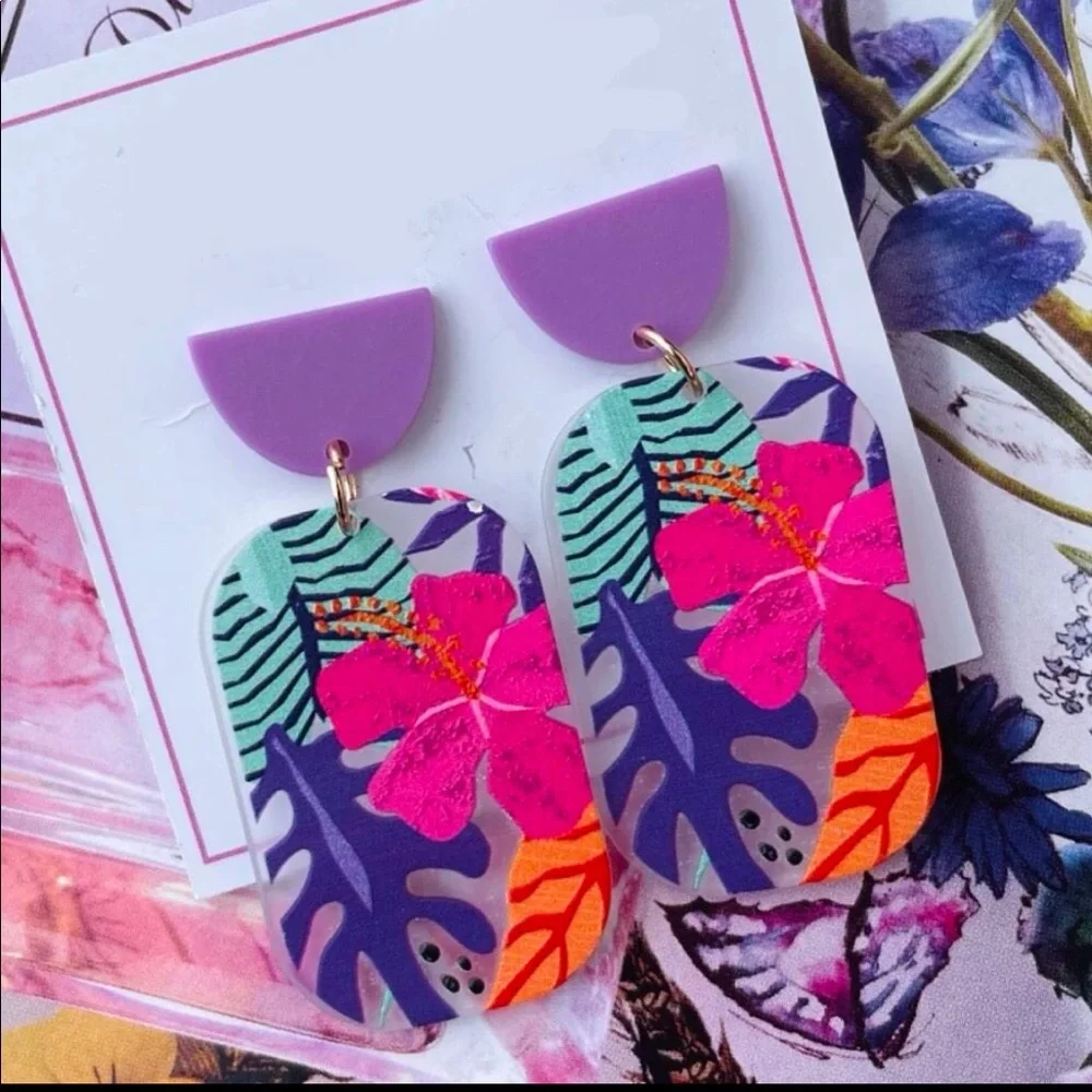 B2G1🌺Vibrant Tropical Hibiscus Floral Purple Pink Flowers Boho Statement 🌺NWT